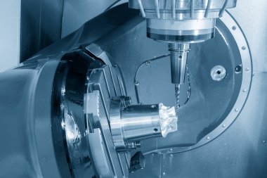 The 5-axis CNC milling machine  cutting the turbocharger part with solid ball end mill tool. The hi-technology automotive  parts manufacturing process by 5-axis machining center.