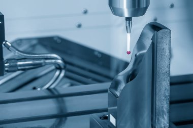 Otomotiv küf parçalarını ölçen 3 eksenli sonda sahnesini kapatın. CMM makinesiyle otomotiv parçalarının kalite kontrolü.