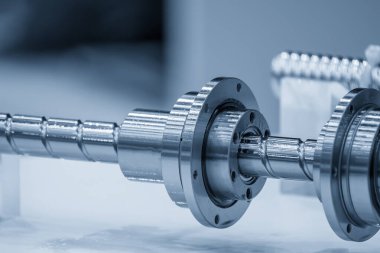 Closeup scene the spare parts  lead ball screw set. The hi-precision CNC machine part manufacturing concept.