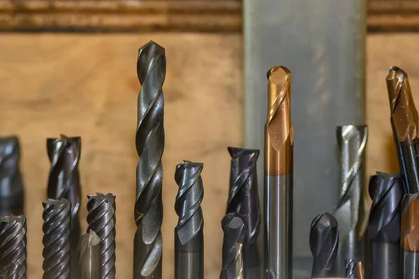 Close-up scene group of the used coating solid end mill.. The  cutting  tool for machining center.
