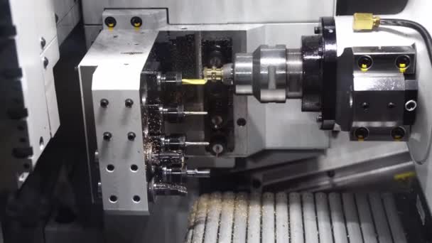 Swiss Type Cnc Lathe Machine Making Brass Connector Parts Air — Stock Video