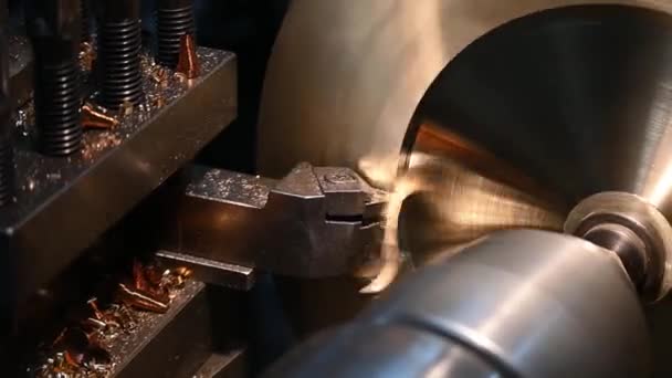 Close Scene Lathe Machine Operation Rough Cutting Brass Material Parts — Stock Video