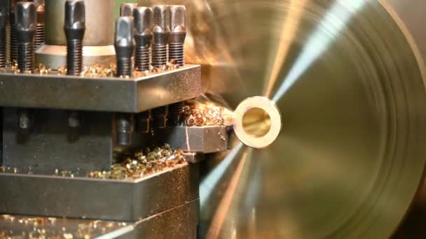 Closeup Scene Lathe Machine Rough Cutting Brass Disk Parts Lathe — Stock Video