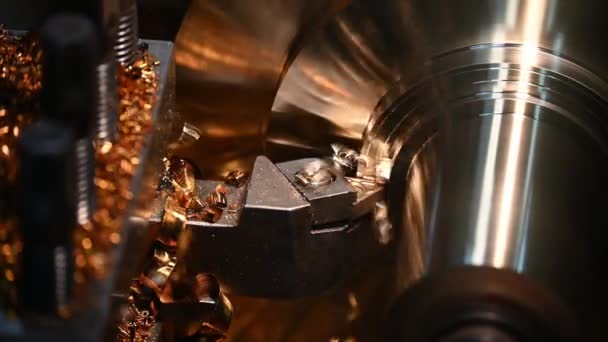 Closeup Scene Lathe Machine Finish Cut Brass Parts Lathe Tools — Stock video
