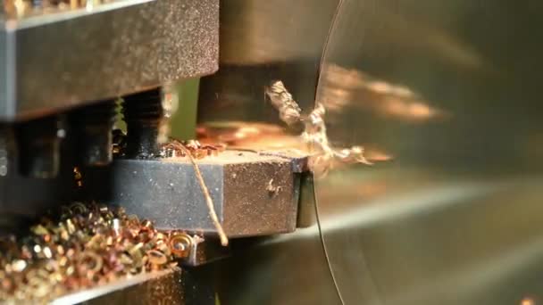 Closeup Scene Lathe Machine Finish Cut Brass Parts Lathe Tools — Stock Video