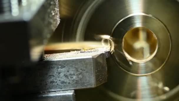 Closeup Pan Scene Lathe Machine Finish Cut Brass Parts Metalworking — Stock Video