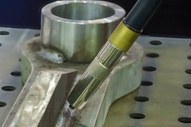 The welding process  by robotic system. The high technology manufacturing concept by automatic system.