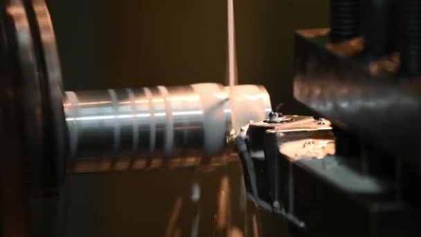Close Scene Lathe Machine Finish Cut Metal Shaft Parts Liquid — Stock Video