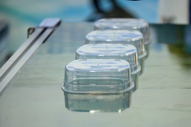 Enjeksiyon makinesiyle kutu parçası üretim işlemi. Plastik işlemden çıkan yiyecek kutusu ürünleri..