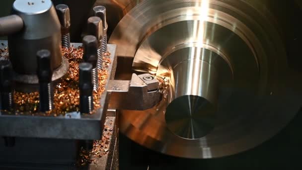 Closeup Scene Lathe Machine Finish Cut Brass Parts Lathe Tools — Videoclip de stoc