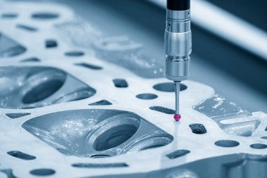 Alüminyum silindir kafa parçalarını ölçen çok eksenli CMM makinesi. Çoklu eksen CMM makinesi ile otomotiv parçalarının kalite kontrolü
