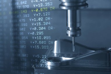 Soyut sahne CNC değirmen makinesi küf ve G-kod verilerini kesiyor. Kalıplar, sert top değirmeni ile makine merkeziyle kesme işlemi yapıyor.