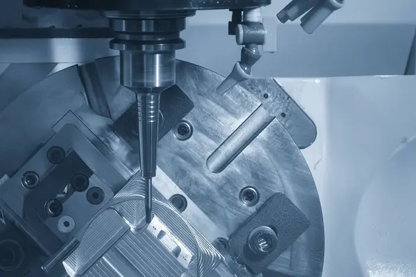 stock image The 5-axis CNC milling machine  cutting the automotive part with solid ball end mill tool. The hi-technology automotive part manufacturing process by CNC lathe.