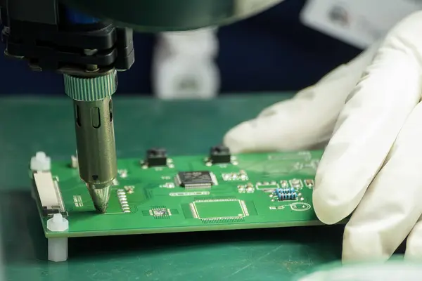 Close up scene the PCB board checking process by operator. The quality control of circuit board of electronics industry.