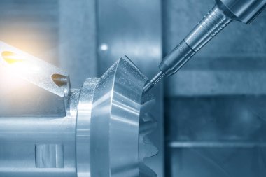 5 eksenli CNC değirmen makinesi, otomotiv kısmını sağlam bir top değirmeni aracıyla kesiyor. CNC Torna 'nın yüksek teknoloji otomotiv parçası üretim süreci.