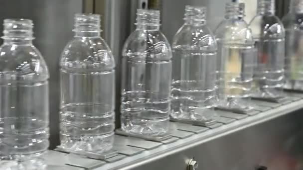 Puste Butelki Wody Pitnej Przenośniku Taśmowym Napełniania Nowoczesna Technologia Produkcji — Wideo stockowe