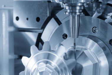 5 eksenli CNC değirmen makinesi, otomotiv kısmını sağlam bir top değirmeni aracıyla kesiyor. CNC Torna 'nın yüksek teknoloji otomotiv parçası üretim süreci.