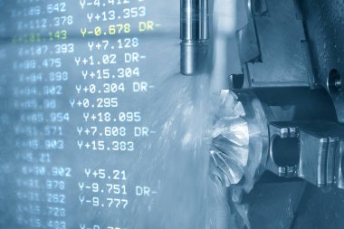 Soyut sahne 5 eksenli CNC değirmen makinesi türbin kısmını ve G-kod veri arkaplanını kesiyor. CNC Torna 'nın yüksek teknoloji otomotiv parçası üretim süreci.