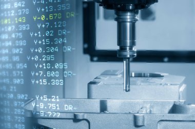 Soyut sahne CNC değirmen makinesi küf ve G-kod verilerini kesiyor. Kalıplar, sert top değirmeni ile makine merkeziyle kesme işlemi yapıyor.