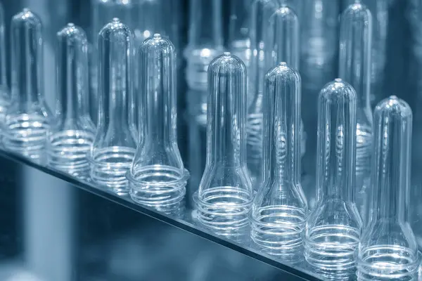 Close up scene of group of preform shape of PET bottle products. The raw material for plastic bottle manufacturing process.