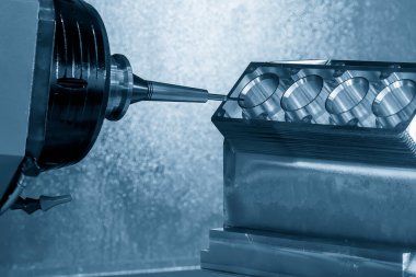 5 eksenli makine merkezi V8 motor silindir bloğunu katı top değirmeni aracıyla kesiyor. Çok eksenli CNC değirmen makinesinin yüksek hassasiyetli otomotiv üretim süreci.