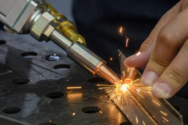 Lazer kaynaklama işlemini elle yapılan lazer kaynak makinesiyle kapatın. Lazer kaynak makinesi ile yüksek teknoloji kaynak işlemi.