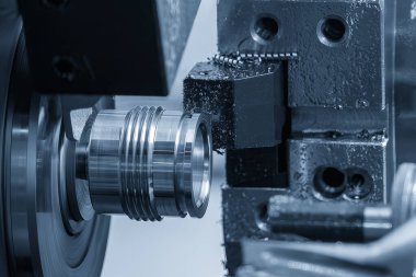 CNC torna makinesi İsviçre tipi iplik metal şaft parçalarını kesiyor. CNC dönüşüm makinesinin yüksek teknolojili metal işlemesi .