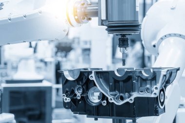 Yaklaşma sahnesi, robotik koldaki değirmen mili alüminyum vites kutusunu kesmiş. Yüksek teknolojili otomotiv parçaları otomatik robot sistemiyle kesiliyor..