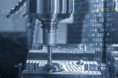 Soyut sahne CNC değirmen makinesindeki kaba montaj süreci ve G-code veri arkaplanı. Küf ve ölüm üretim süreci açık mavi sahnede.