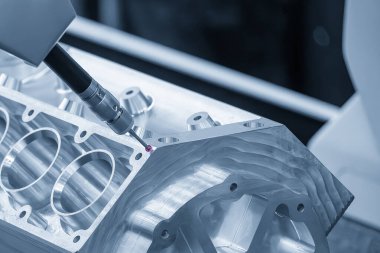 Açık mavi sahnede alüminyum silindir blok parçalarını ölçen çok eksenli CMM makinesi. Çoklu eksen CMM makinesi ile otomotiv parçalarının kalite kontrolü
