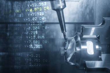 Soyut sahne 5 eksenli CNC değirmen makinesi otomotiv bölümünü ve G-kod veri arkaplanını kesiyor. Çok eksenli CNC değirmen makinesinin yüksek teknolojili otomotiv parçası üretim süreci.