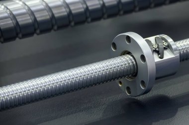 Closeup scene the spare parts  lead ball screw set. The hi-precision CNC machine part manufacturing concept.
