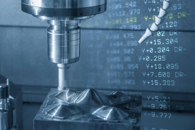 Soyut sahne CNC değirmen makinesi enjeksiyon kalıplarını ve G-kodu veri arkaplanını kaba bir şekilde kesiyor. Küf ve ölüm üretim süreci indekslenebilir araçlarla makine merkezi tarafından.