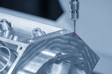 Açık mavi sahnede alüminyum silindir kafa parçalarını ölçen çok eksenli CMM makinesi. Çoklu eksen CMM makinesi ile otomotiv parçalarının kalite kontrolü