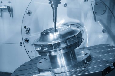 5 eksenli CNC değirmen makinesi yüksek duyarlı türbin parçasını sağlam bir top değirmeni aracıyla kesiyor. Çok eksenli CNC değirmen makinesinden yüksek teknolojili su türbini parça üretim süreci.