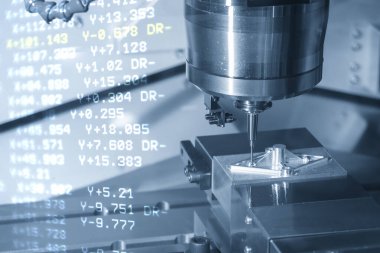Soyut sahne CNC değirmen makinesi kalıp parçalarını ve NC veri arkaplanını kesti. Top burun aletleri ile makine merkezi tarafından yüksek hassasiyetli parçalar üretimi süreci.