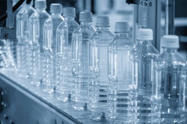 Açık mavi sahnede, taşıyıcı banttaki tam dolu içme suyu şişeleri. İçme suyu üretim sürecinin yüksek teknolojisi. 