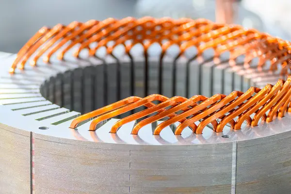Elektrik motor parçaları üretim sürecini kapatın. Elektrikli araba motoru için bar yarası stator parçaları. 