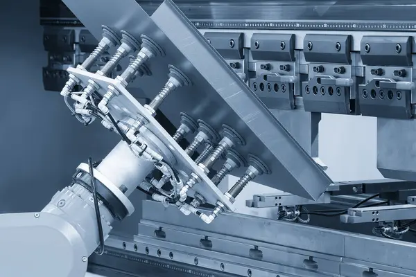 Yüksek teknoloji bükme makinesi açık mavi sahnede robotik sistemle çalışıyor. Otomatik sistem tarafından çalışan metal levha.