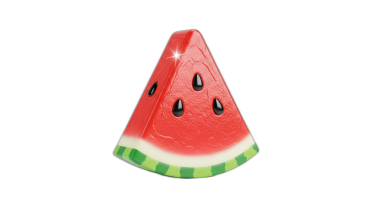 Oyuncak bir karpuz dilimini kapatın. Kırmızı çekirdeklerini gösterin. Siyah çekirdekler, beyaz kabuk ve yeşil çizgili deri.,
