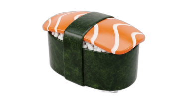 Tek bir parça somon nigiri suşisi yakın çekim, taze malzemeler sergileniyor.