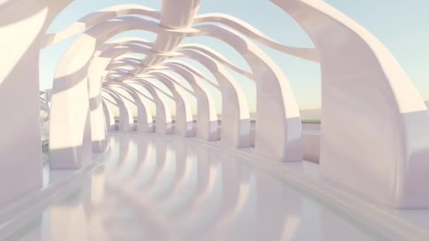 摘要白色隧道背景 白色圆桥大厅放大 相机沿着露天桥飞行 白色图案飘逸 白色空旷现代建筑的透视 3D渲染 — 图库视频影像