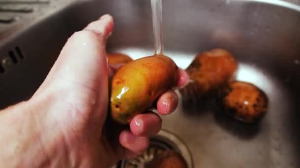 Hand Wassen Aardappel Gootsteen Onder Water Kraan Sluiten — Stockvideo