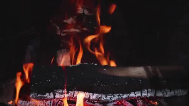 Comfort Relaxation Burning Logs Stone Fireplace Closeup — Stock Video