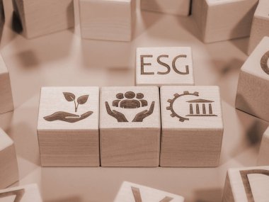Ahşap bloklar üzerindeki ESG sembolleri şirket yönetim ilkeleri kavramı olarak gösterilir