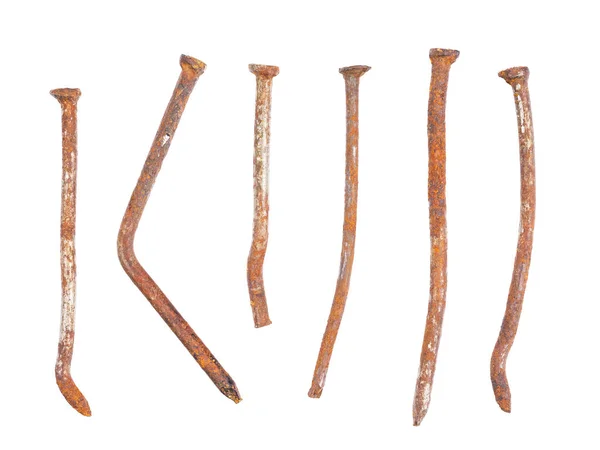 Eski Deforme Olmuş Paslanmış Çiviler Beyaz Arka Planda Izole Edilmiş — Stok fotoğraf