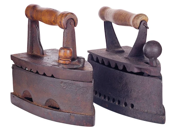 Two Old Rusty Coal Irons Isolated White Background — Stock Photo, Image
