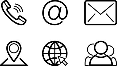 Telefon, Adresler, E- posta 'nın doğrusal simgeleri Web tasarımı için sembol olarak Web, Pin ve Sosyal' e gidin