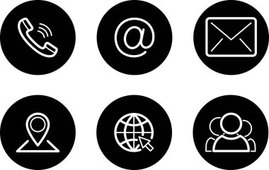 Telefonun düz simgeleri, Adresler, E- postalar, Web tasarımı sembolleri olarak Web Web, Pin ve Sosyal 'e gidin