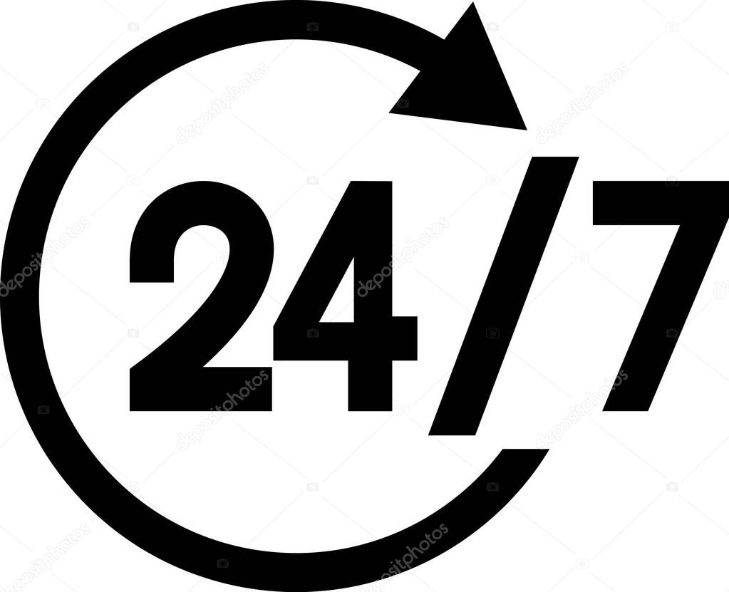 Flat icon of 24 hours a day service sign